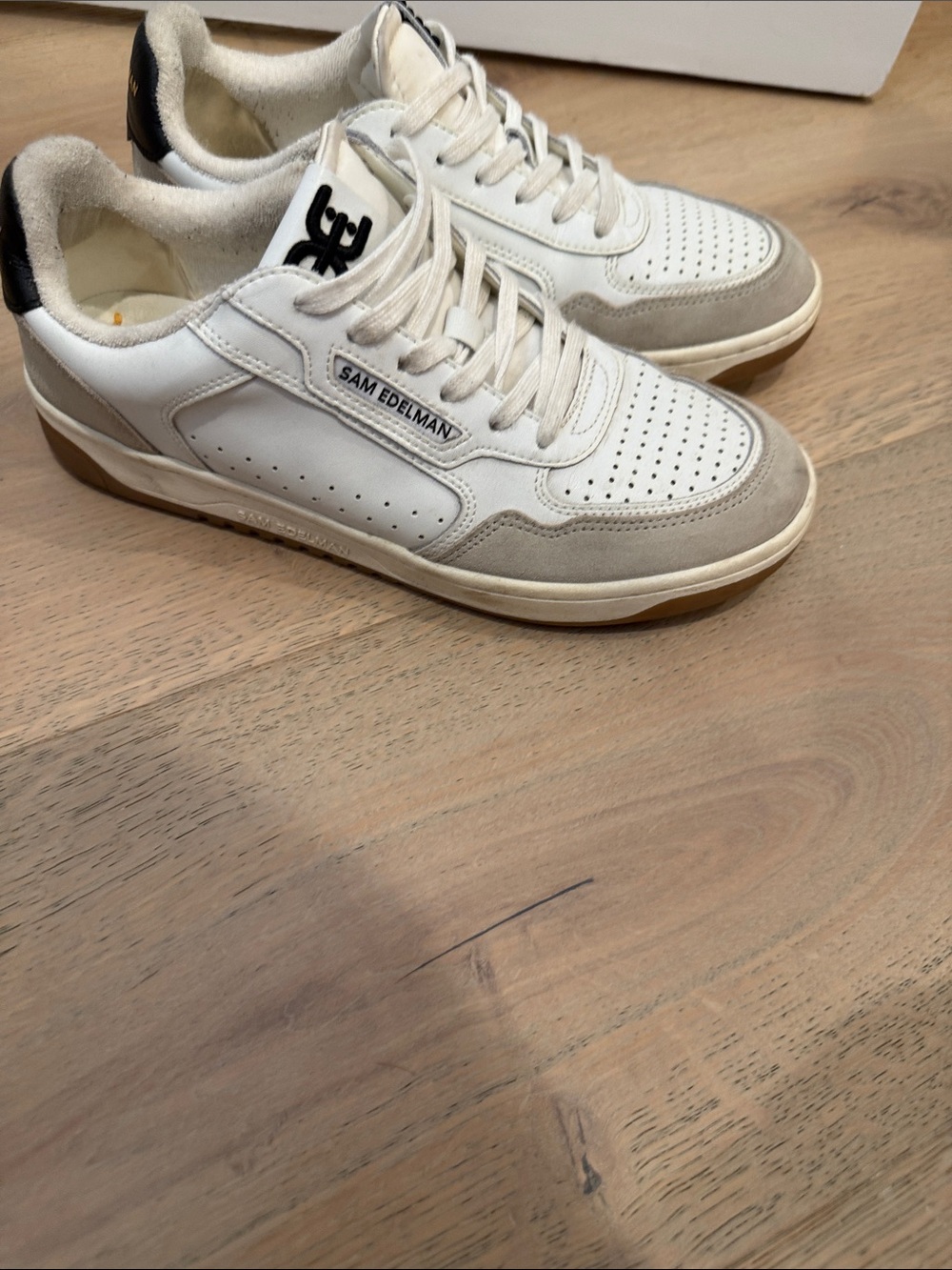 Sam Edelman White & Taupe Leather Low-Top Sneakers